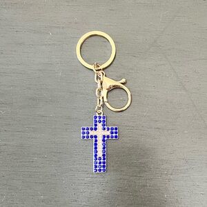 Cross Royal Blue & Clear Allover Rhinestone 4" Gold Keychain Bag Charm Religious